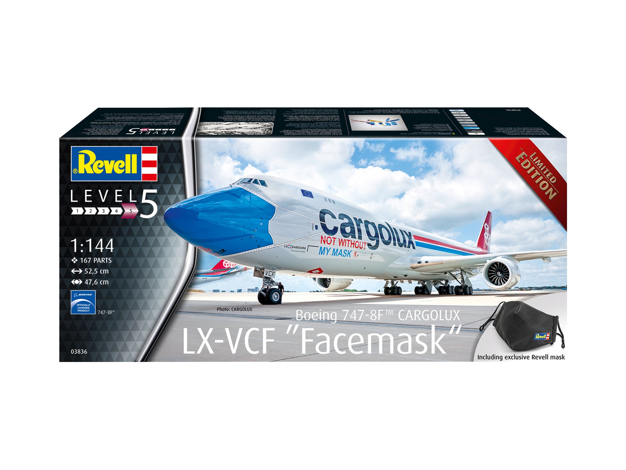 Revell 03836 Boeing 747-8F CARGOLUX LX-VCF " Máscara fácial Revell "  1:144